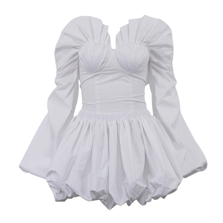 Sexy Draped Women Lantern Sleeve Tube Top Cinched Waist Lace up Top Pettiskirt Two Piece Sets