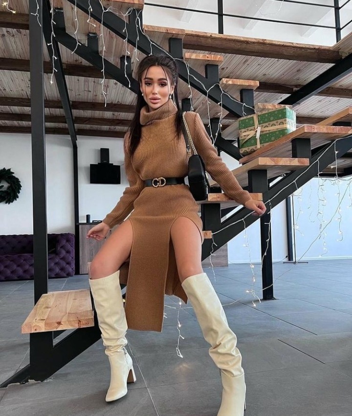 Popular Long Sleeve Turtleneck Thigh Slit Woolen Dress