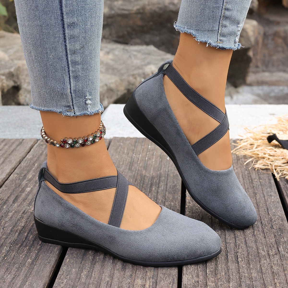 Women's Plus Size Cross Strap Suede Wedge Heels Slip-On Loafers Low Cut Spring Style Casual Comfortable Footwear_voghion.com