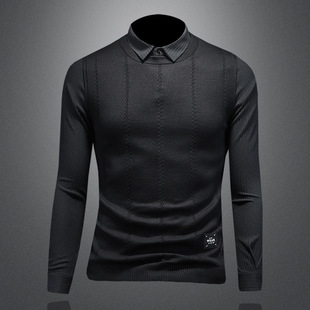 2024 autumn and winter new fake two-piece shirt sweater men's fashion Korean slim casual base shirt 3622