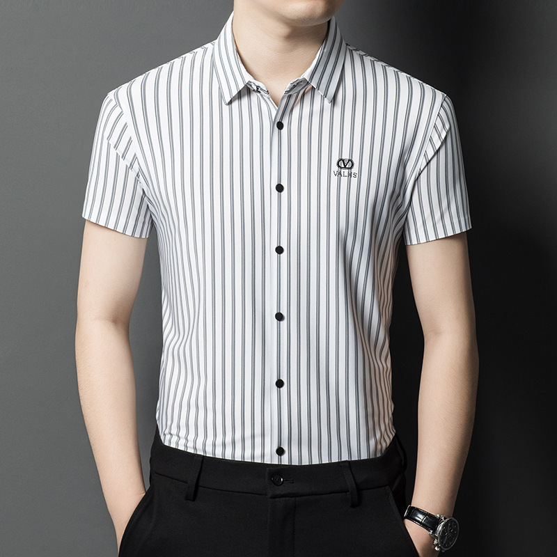 Brand Mulberry Silk Vertical Stripe Short-sleeved Shirt Men's Summer Non-ironing Silk Half-sleeved Shirt Business Casual Top Brand Mulberry Silk Vertical Stripe Short-sleeved Shirt Men's Summer Non-ironing Silk Half-sleeved Shirt Business Casual Top