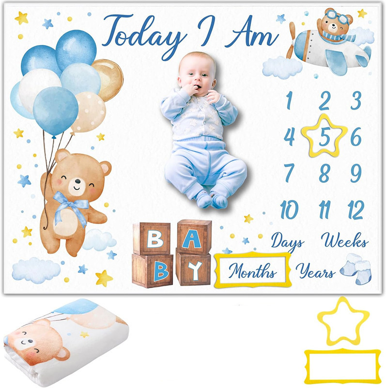 Manta de franela con estampado digital personalizado del fabricante, manta de fotografía para el crecimiento del bebé en su primer mes y 100 días