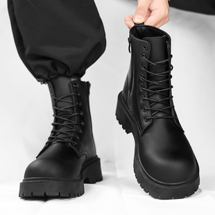 Men's Martin Boots Winter British Style Long Barrel Height Increasing Workwear Boots High-top Thick-soled Black Motorcycle Casual Leather Shoes