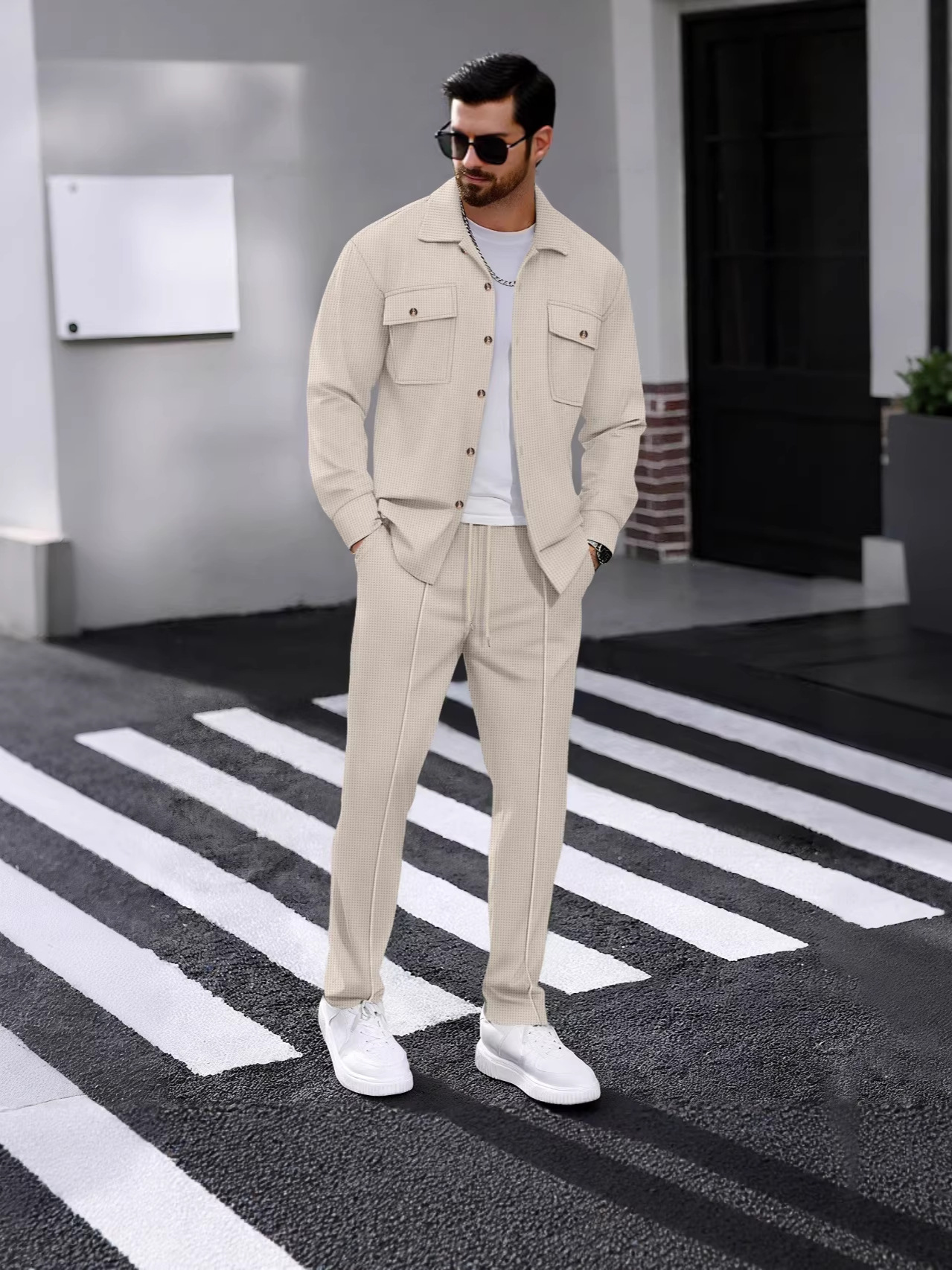Cross-border European and American autumn new waffle knit long-sleeve and long-pants two-piece set, solid color double-pocket workwear cardigan shirt suit