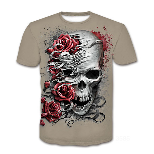 Summer 3D Digital Printing Men's Printed Fashion T-Shirt with Round Neck, Horror Skull Head Series