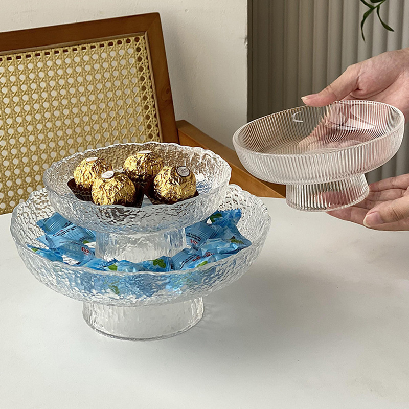 Glass Fruit Plate Transparent Tall Snack Dried Fruit Plate Home Living Room Snack Tea Tray Coffee Table Decoration Fruit and Vegetables