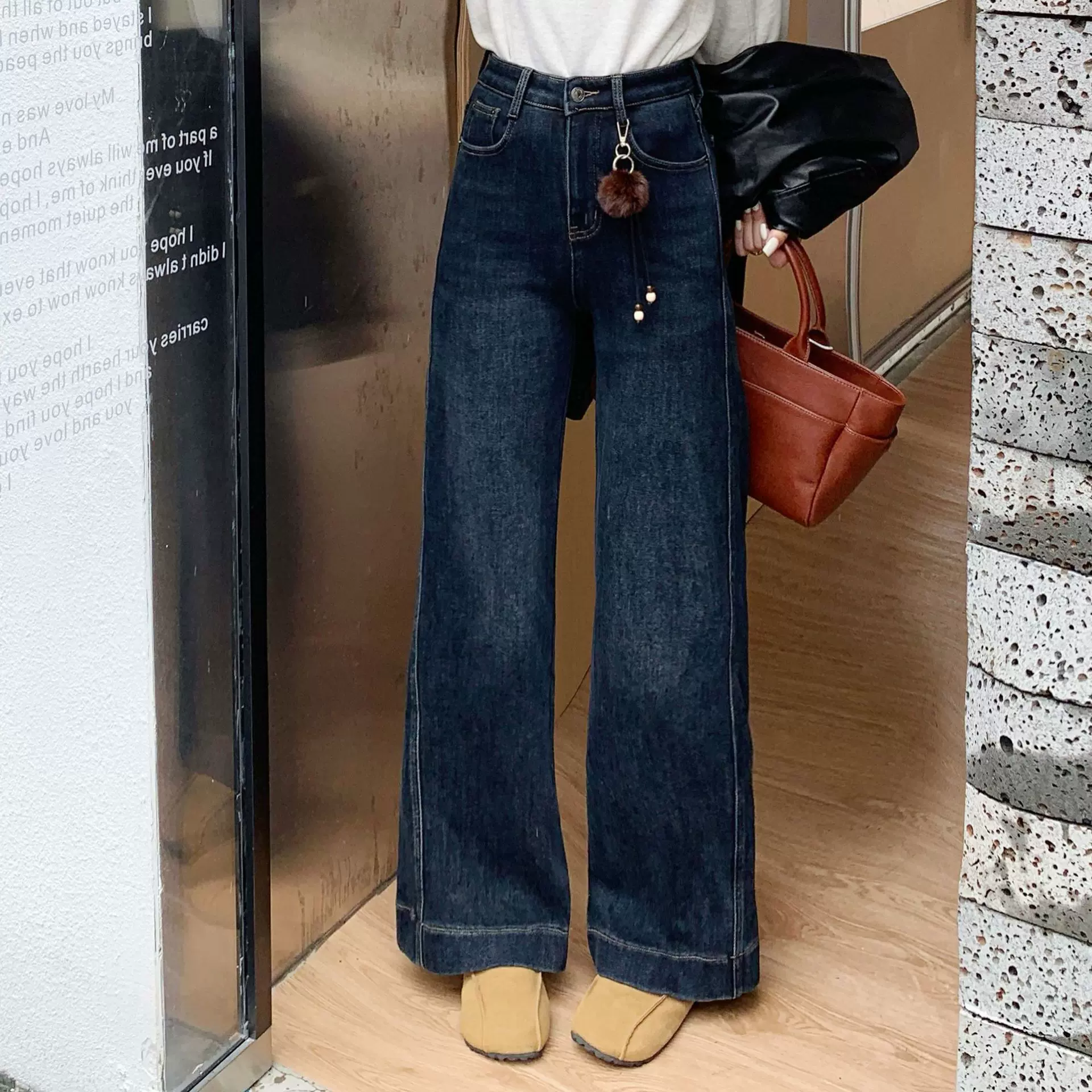 25冬款休闲百搭微啦复古深色水洗高腰阔腿长裤加绒牛仔裤女22693