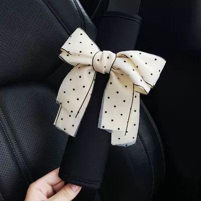 Summer Car Seat Belt Shoulder Cover Cute Goddess Bow Extended Anti-strangle Pair Internet Celebrity Car Interior Accessories (Seat belt shoulder pad) - linen-shoulder-pads-polka-dot-big-butterfly-white