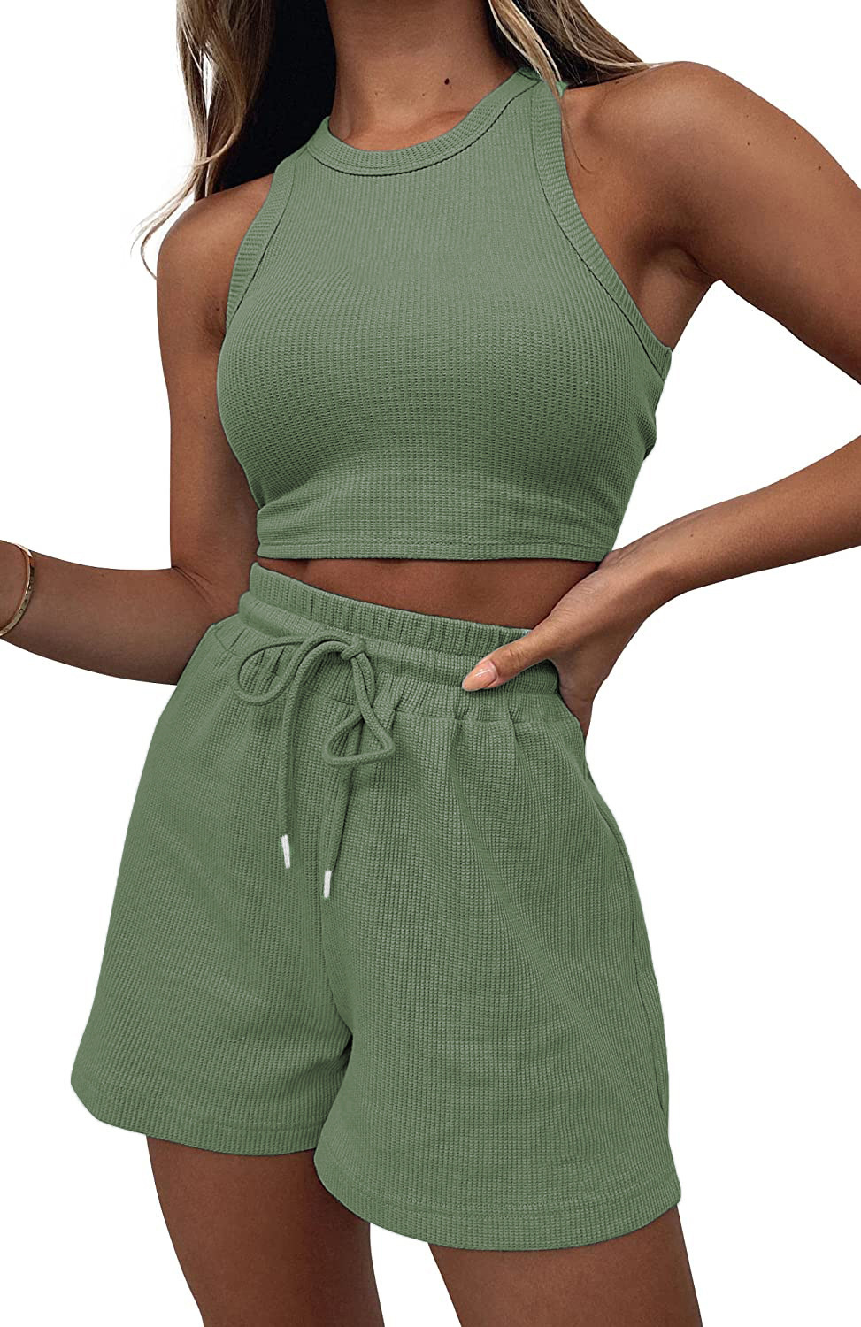 Conjunto de 2 peças feminino colete sem mangas e calça waffle_voghion.com