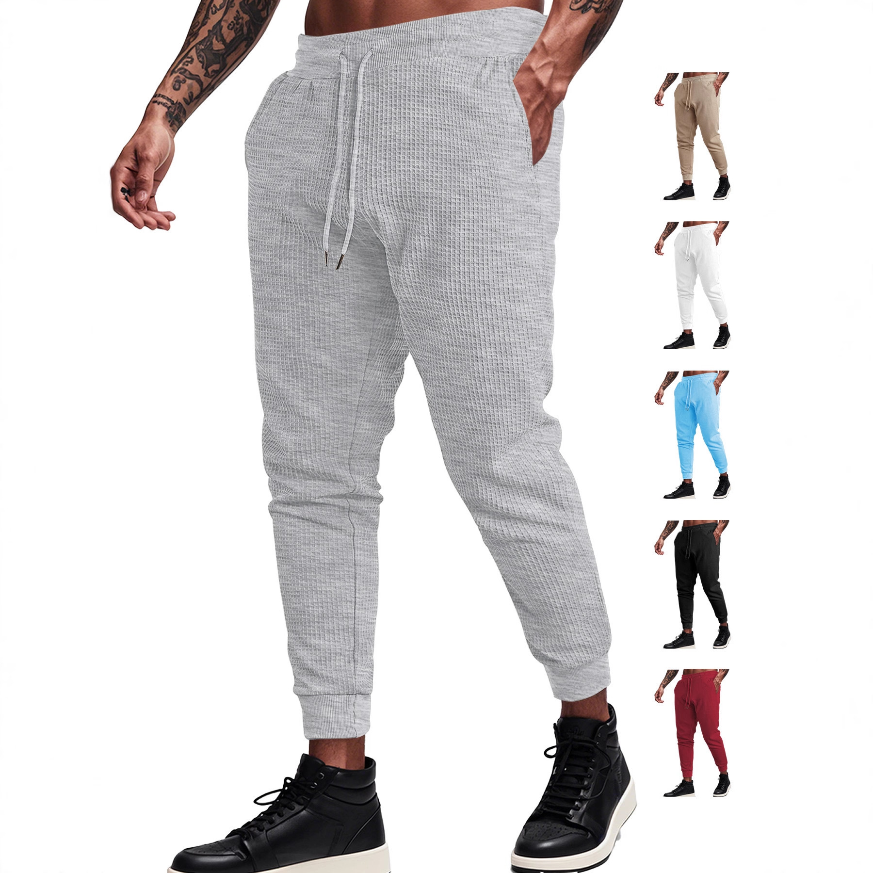 Europa y Estados Unidos ropa de hombre transfronteriza de verano deportivo relajado transpirable de color sólido waffle hombre correa pantalones casuales