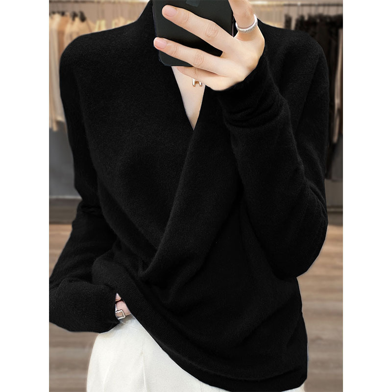 100 Pure Wool Sweater Women's V-Neck 2022 Autumn and Winter New Knitted Backing Cashmere Sweater Pullover Loose Sweater