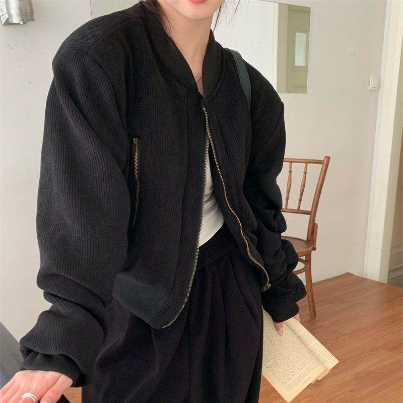 灯芯绒夹棉加厚棒球服外套女秋冬新款设计感立领拉链夹克棉服上衣|undefined