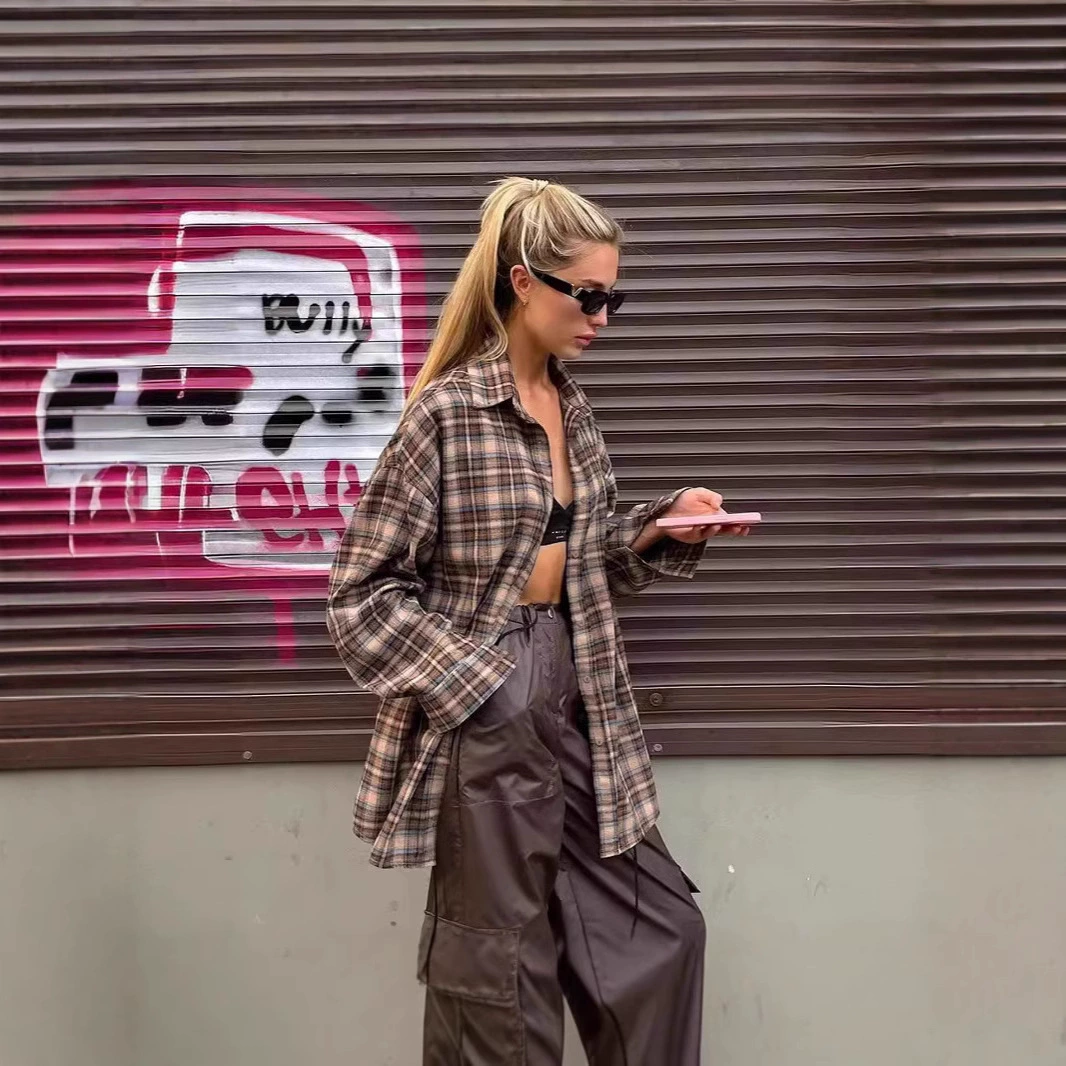 2024 Европейская станция трансграничная весна ретро клетчатая рубашка женская длинная модель дизайна