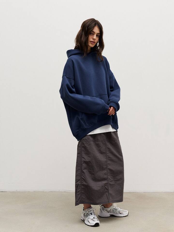 Áo hoodie nỉ lông dáng rộng có mũ và túi, tay dài, dáng unisex — Màu cà phê, Màu hồng, Màu xám, Màu đen chi tiết 45