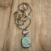 新款波西米亚复古风天然石玻璃打结项链玻璃方形帝皇石吊坠毛衣链