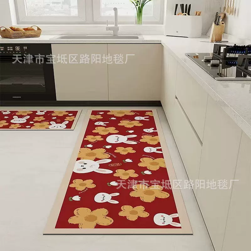 卡通兔年红色厨房地垫吸水吸油可擦免洗脚垫喜庆新年门口长条毯子