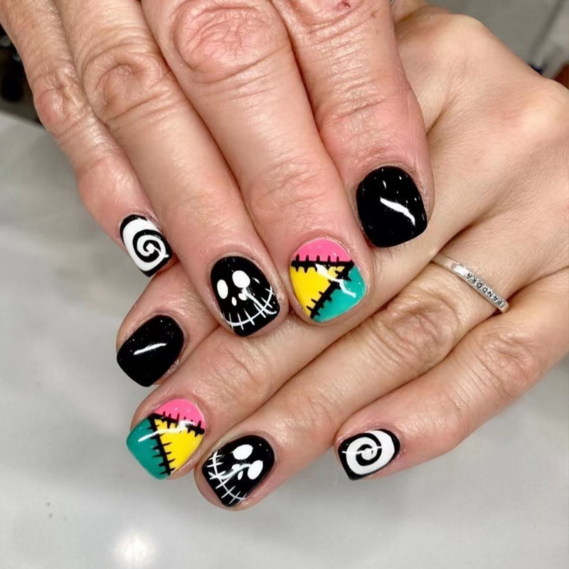 Patch grimace manicure black and white vortex wearing nail false nail square short nail factory direct removable Patch grimace manicure black and white vortex wearing nail false nail square short nail factory direct removable