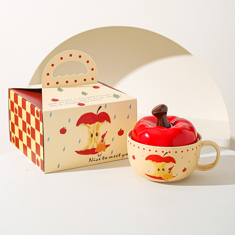Tazón de cerámica de manzana creativo de alto valor de cara con cuchara de cubierta roja, tazón de fideos, regalo de Navidad para chicas.