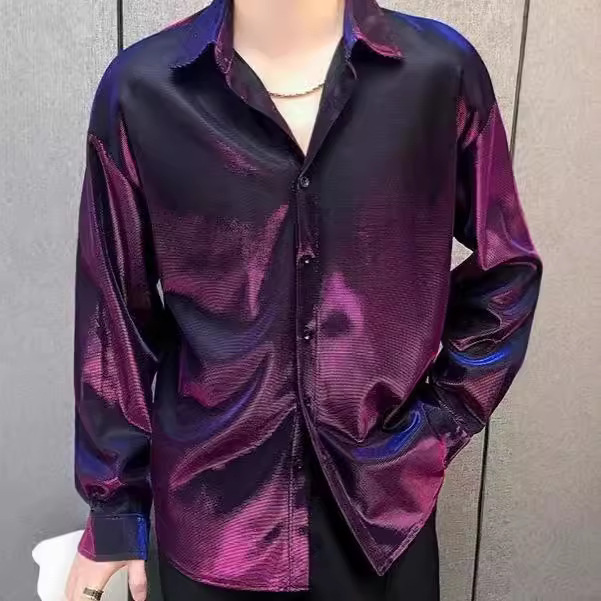 No-Iron Draped Reflective Glossy Shirt Men's Spring and Autum Handsome Casual Loose Hairstylist High-End Long-Sleeved Shirt