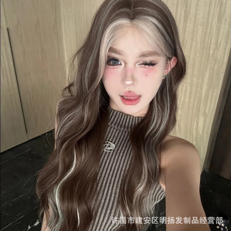 Princess kuku-new small lace American Asian style gray gold highlights long curly hair wig