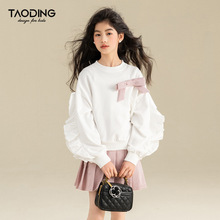 女童卫衣春秋新款中大女童木耳边休闲宽松纯色洋气上衣蝴蝶结