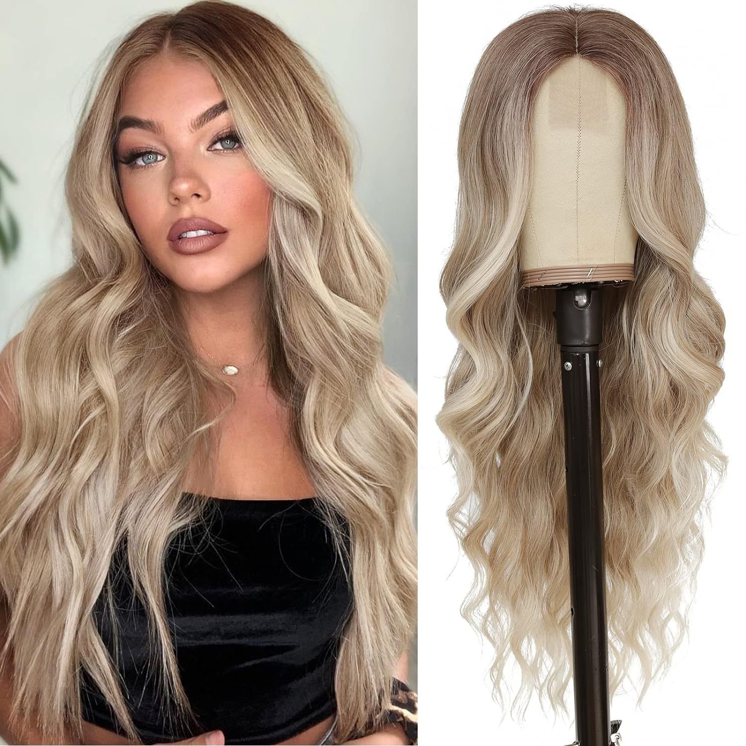 Perruque longue ondulée pour femme, cheveux bruns, raie au milieu, style polyvalent, confort optimal, extensions de cheveux synthétiques_voghion.com