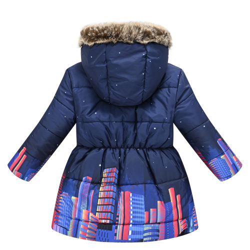 New model children's winter print cotton coat for export, with thicker middle-child size, fur collar, and hat, casual cotton jacket.