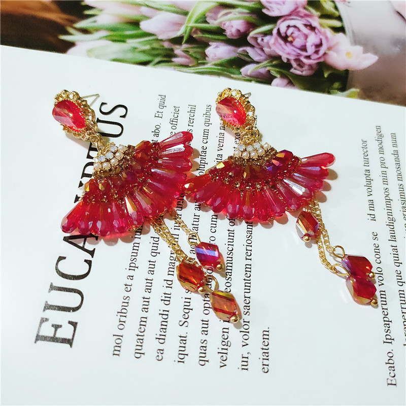 Korean Fashion Tassel Flower Diamonds Long Earrings Wholesale Nihaojewelry display picture 1