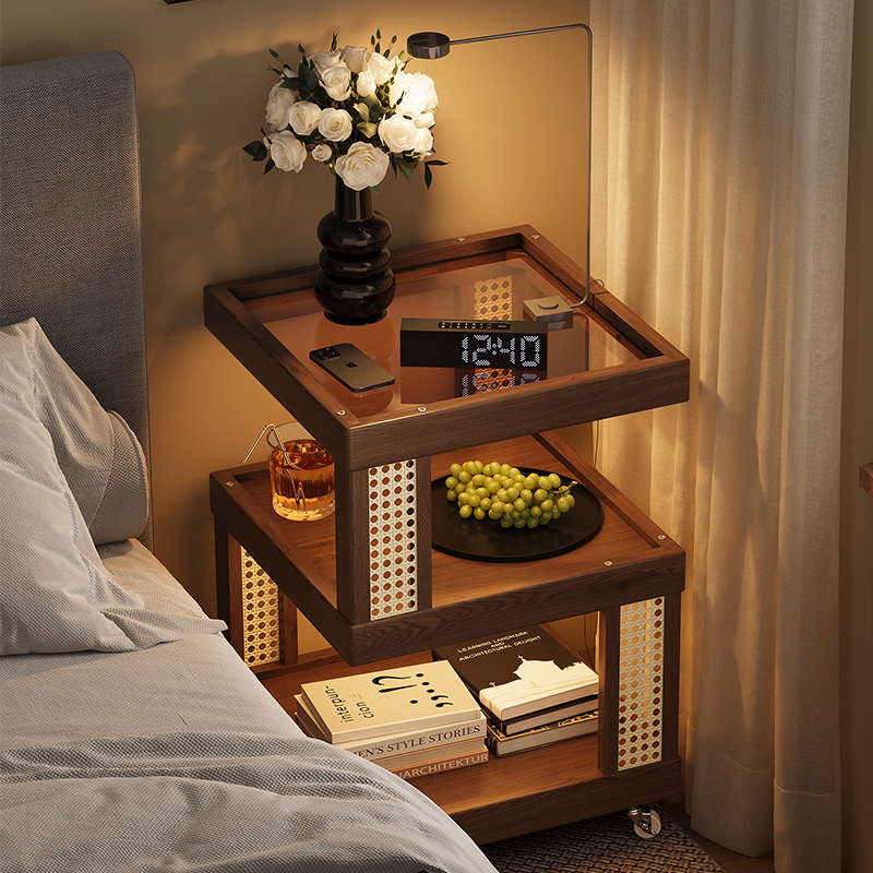 Solid Wooden Bedside Table Rattan Bedside Storage Rack Movable Small Side Household Bedroom Bedside Multifunctional Storage Cabinet