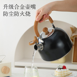 Cross-Border Whistle Kettle Non-Magnetic Stainless Steel Wood Grain Handle Kettle Flat Bottom Black Whistle Induction Cooker Gas