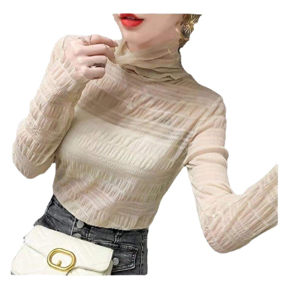Bubble Lace Pile Collar Bottoming Shirt Women's Autumn and Winter Stylisic Inner Wear Sexy Thickened Long Sleeve Slim Mesh Top