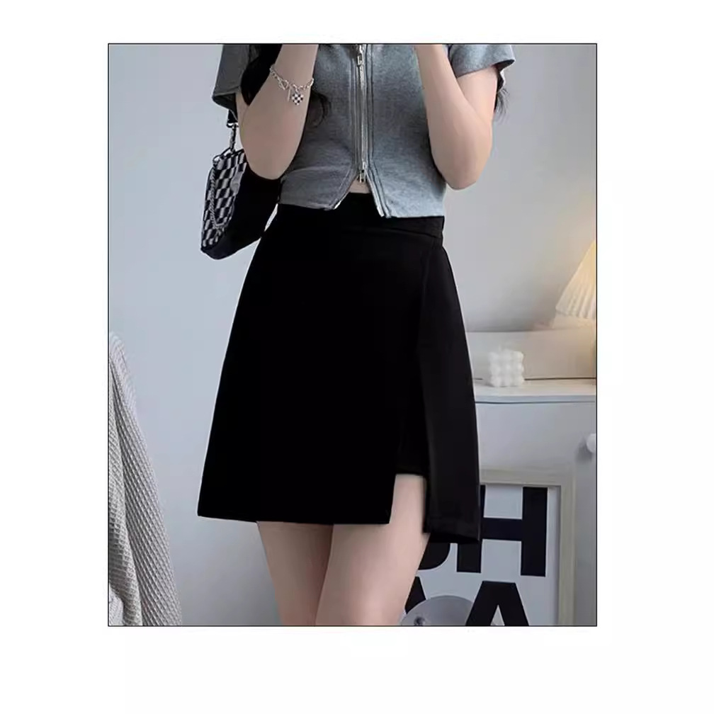 Black short skirt women's summer anti-exposure split suit skirt high waist slimming A- line plus size sheath short skirt