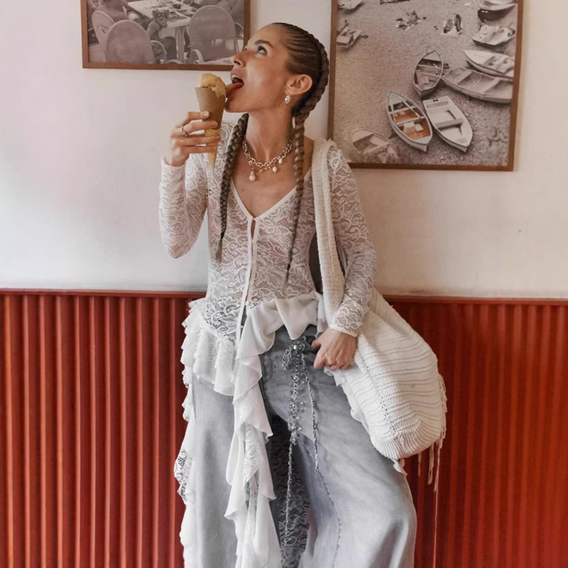 Cross-Border French Bohemian Lace Cardigan Top for Women 2025 Summer Design V Neck Long-Sleeved Women's Shirt