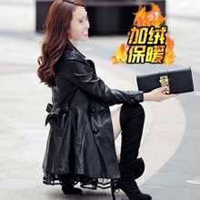 年秋冬新款大码皮衣女中长款皮外套加绒加厚收腰系带皮风衣