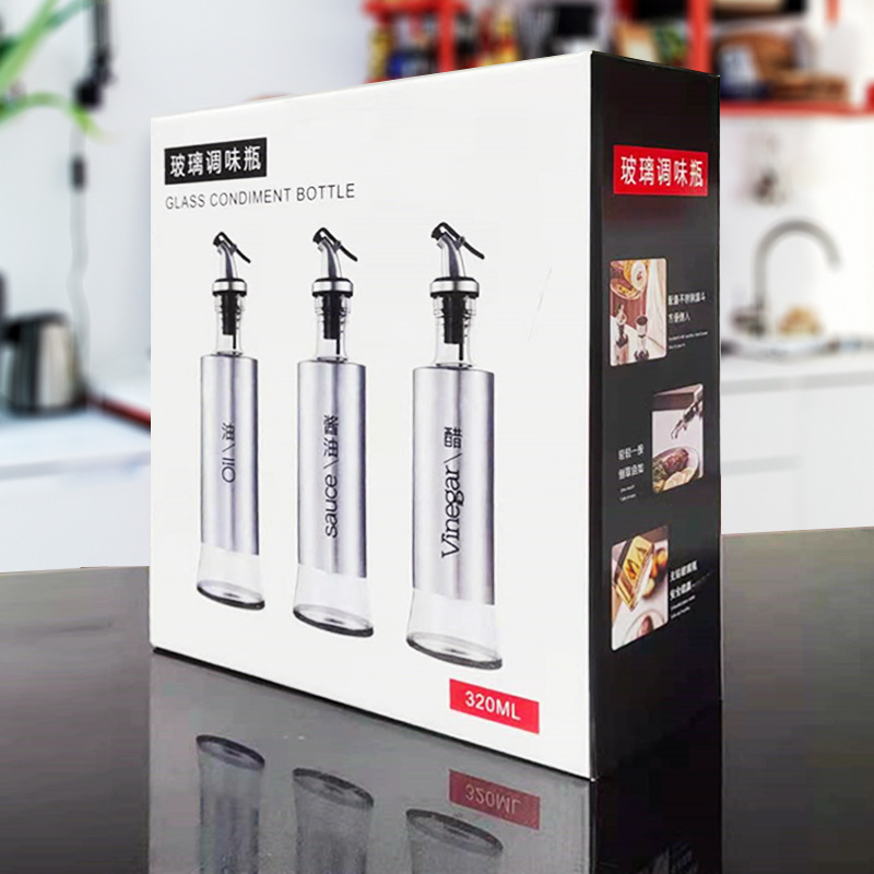 Japanese-style oil pot set, stainless steel and leather-covered glass oil pot manufacturer, kitchen seasoning bottle gift box, casual gift set