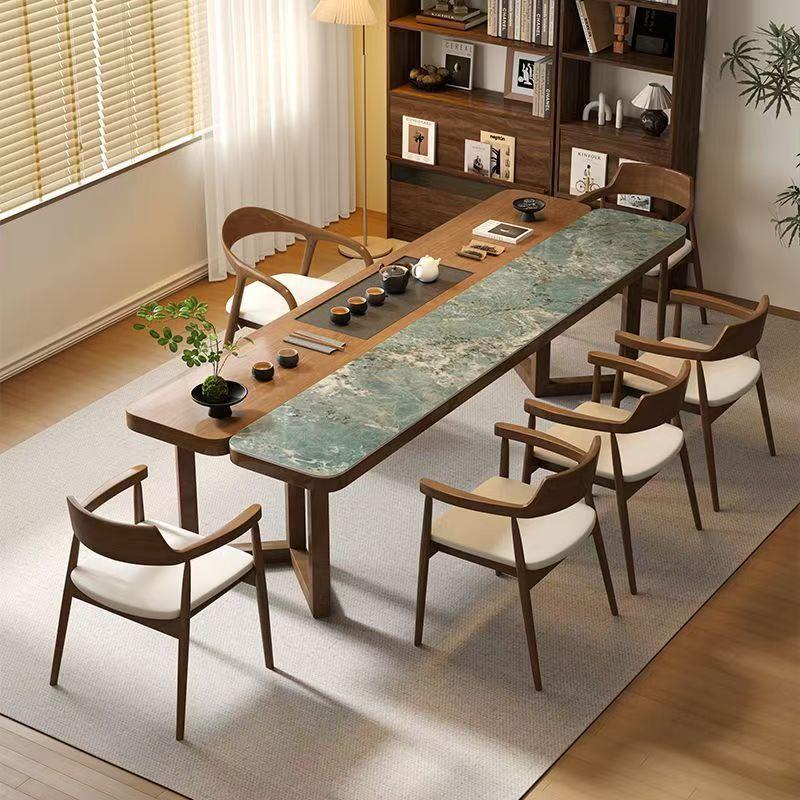 Modern Light Luxury Slate Tea Table, Simple Solid Wood New Chinese Style Household Slate Tea Table and Chairs, Zen Tea Room Tea Table