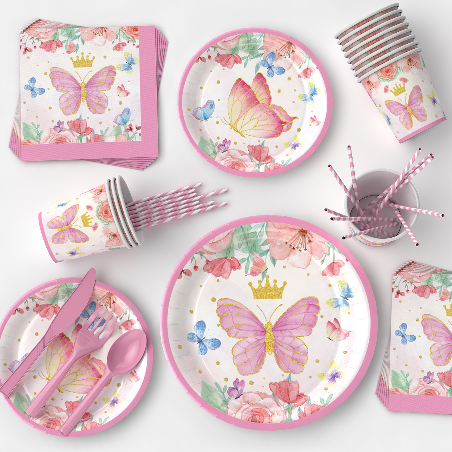 Primavera Rosa mariposa tema decoración del partido césped cumpleaños plato de papel desechable taza de papel decoración traje