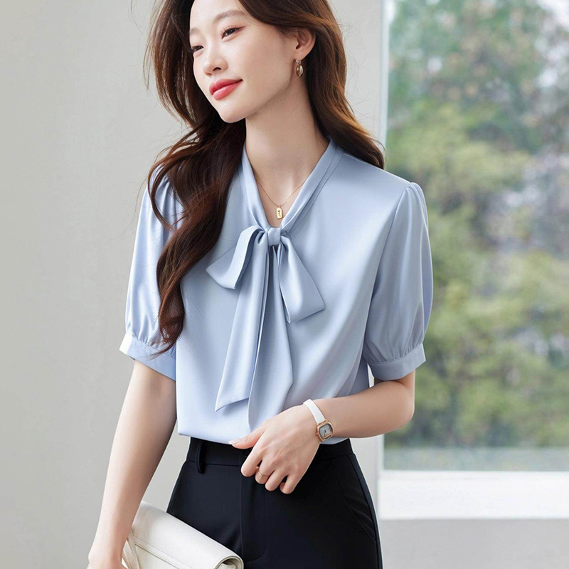 White Satin Ribbon Shirt for Women, Short-Sleeved, Summer Design, Niche Hong Kong Style, Professional Workwear, Versatile Tie-Up Top
