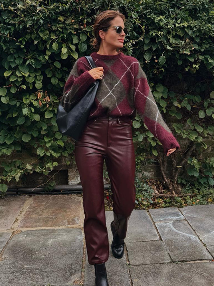 Temperamento coreano relajado y cómodo suéter de manga larga a rejilla de contraste de color para mujeres 2025 otoño y invierno nuevo estilo europeo y americano transfronterizo image 4