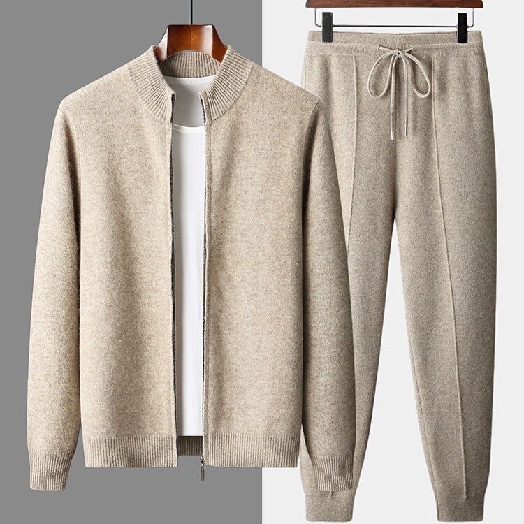 2025 Spring and Autumn New Suit Wool Cardigan Men's Stand Collar Zipper Knitted Jacket Warm Loose Cashmere Pants Men