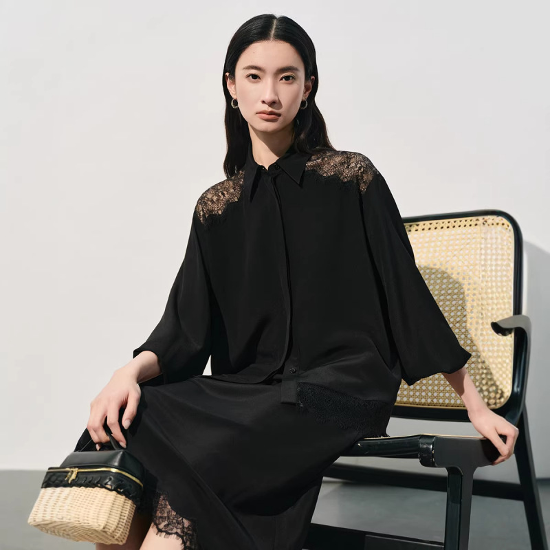 Silk Lace Patchwork Shirt for Women, Mulberry Silk French-Style Long-Sleeve Blouse with a Draping Effect