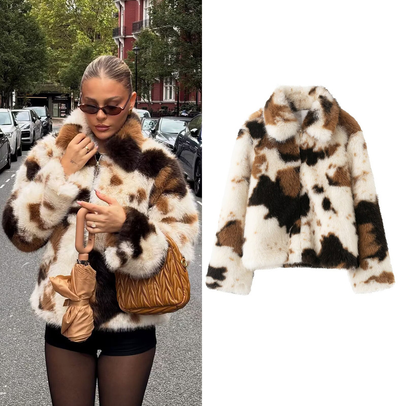 Cross-Border European and American Women's Clothing 2026 Spring and Autumn Fashion Street Style Faux Fur Effect Animal Print Coat Jacket Top for Women