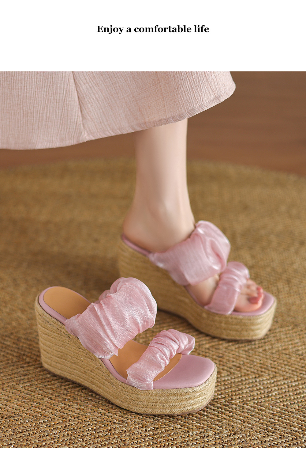 Sandal hở mũi cao gót 10cm quai ngang satin đế độn cao mới hè 2025 — Màu xanh lam nhạt, Màu hồng, Màu trắng be chi tiết 9