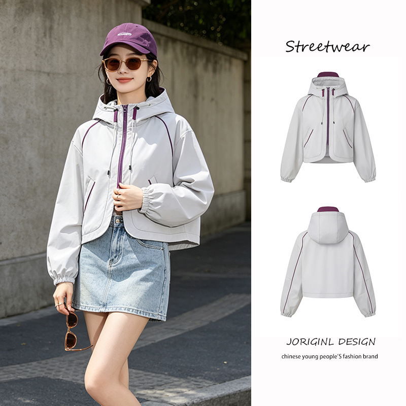 Short hooded windproof jacket for women, lightweight, quick-drying, color-blocked drawstring, outdoor hiking, running, casual, sun protection jacket for men.