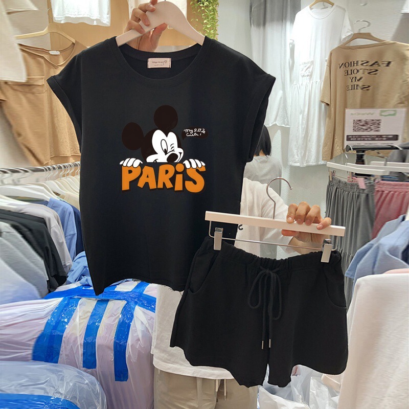 White Comfortable Cartoon Printed Sleeveless T-shirt Wide Leg Shorts Two-piece Set plus size chubby girl Casual Slimming suit Trendy