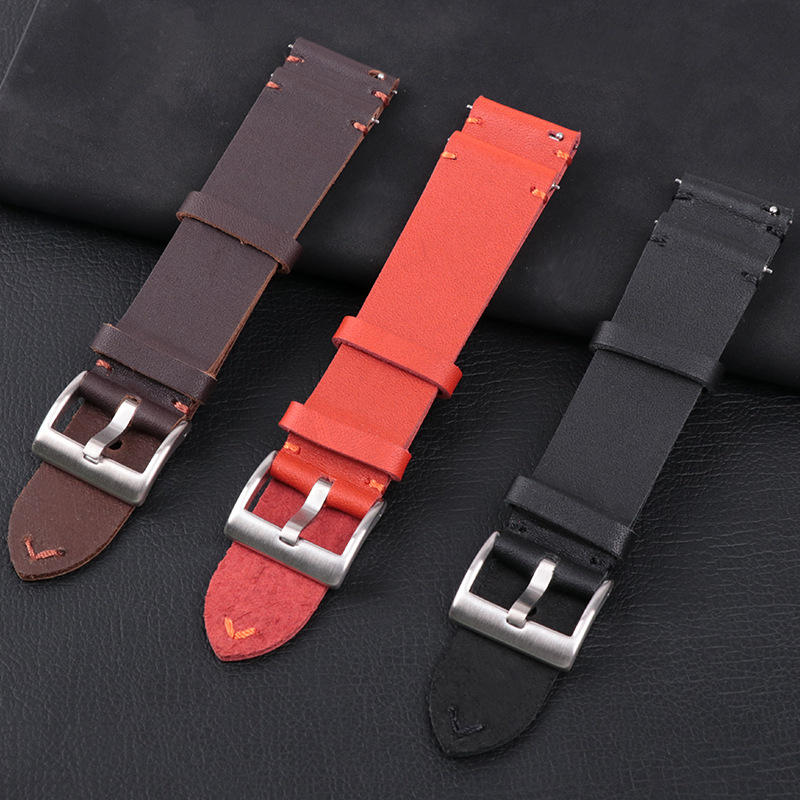 厂家批发 平头复古疯马皮手表带 手工穿绳真皮表带 透气快拆腕带|ru