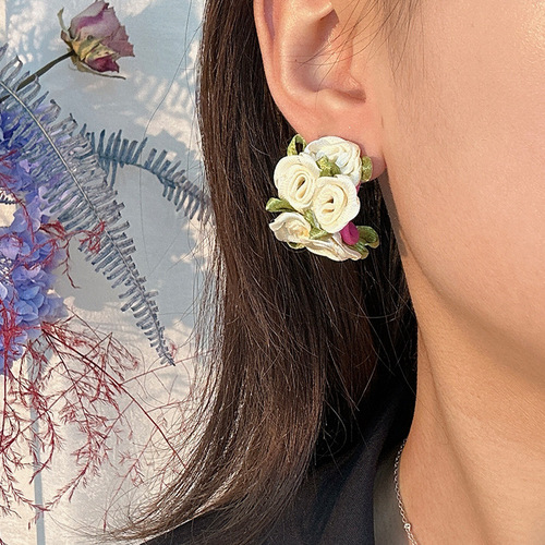925 silver needle fabric design earrings colorful c-shaped flower stud earrings for women fashion exaggerated bohemian style earrings