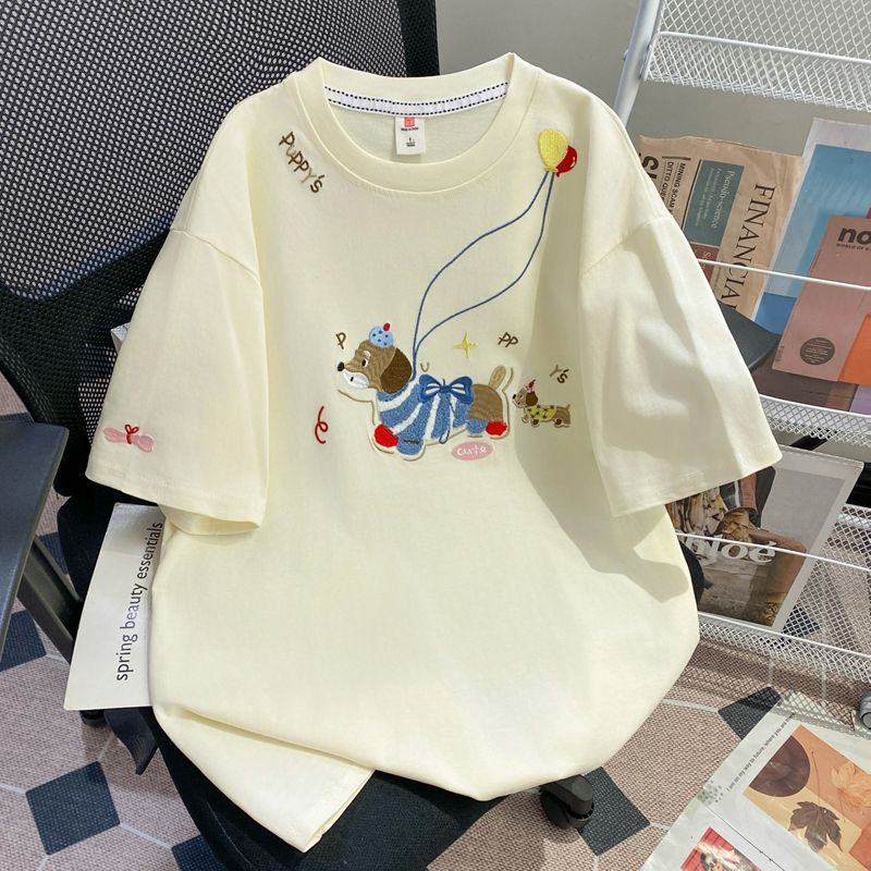Korean-Style Japanese-Style Dog Embroidery Short-Sleeve T-Shirt for Women, Summer Design, Niche Loose Fit, Slimming Towel Embroidery Top Korean-Style Japanese-Style Dog Embroidery Short-Sleeve T-Shirt for Women, Summer Design, Niche Loose Fit, Slimming Towel Embroidery Top