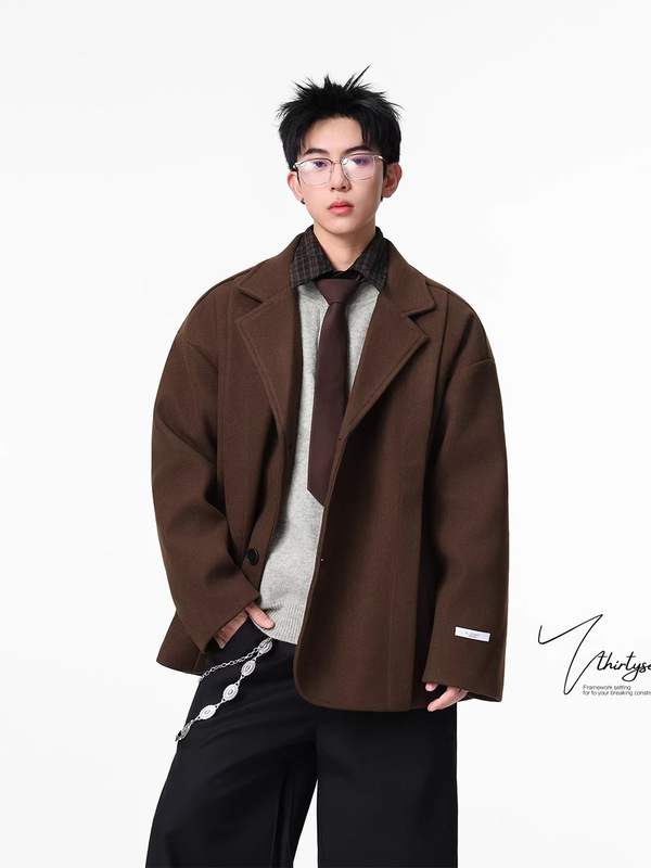 British Style High Street Brown Woolen Suit Jacket for Men 2026 Autumn Korean Style Loose Fit High-End Cool Lapel Blazer