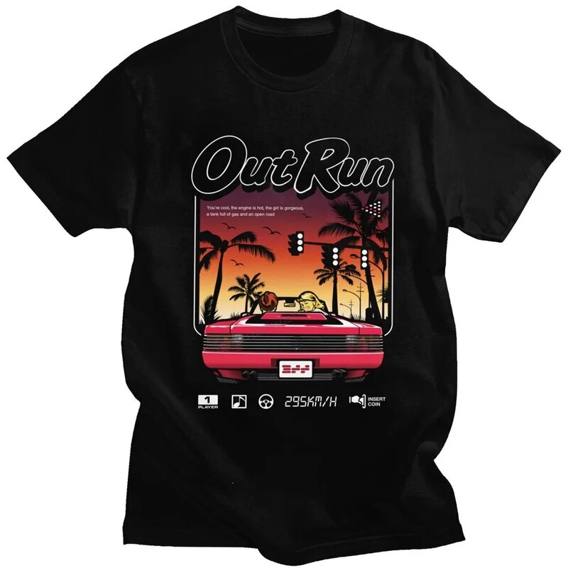 90s Vintage Out Run Top T-shirt Camisas Men's Fashion Old-School Japanese Arcade Shirt